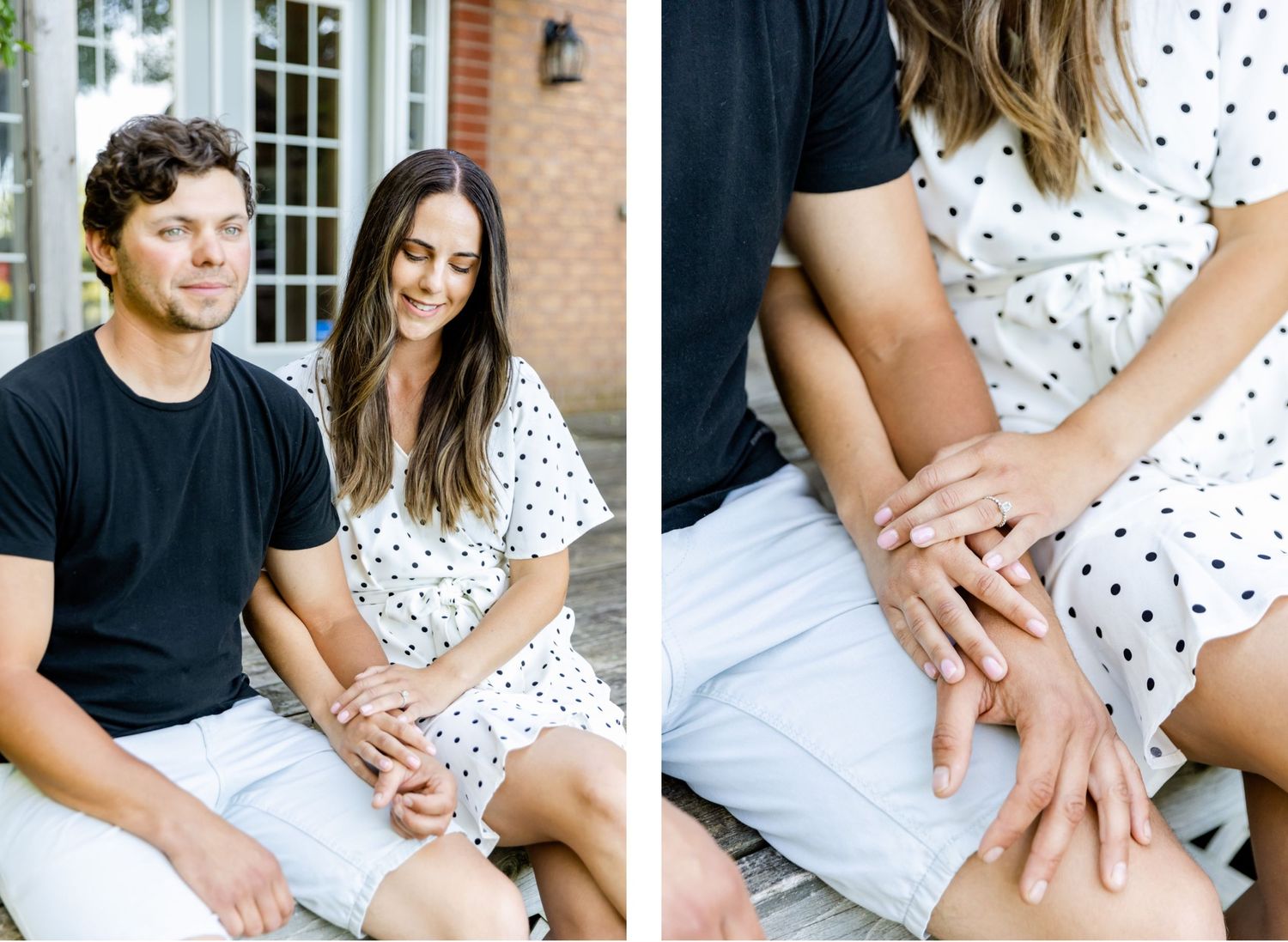 Side by side photos of couple on porch, showing intimate hand details.