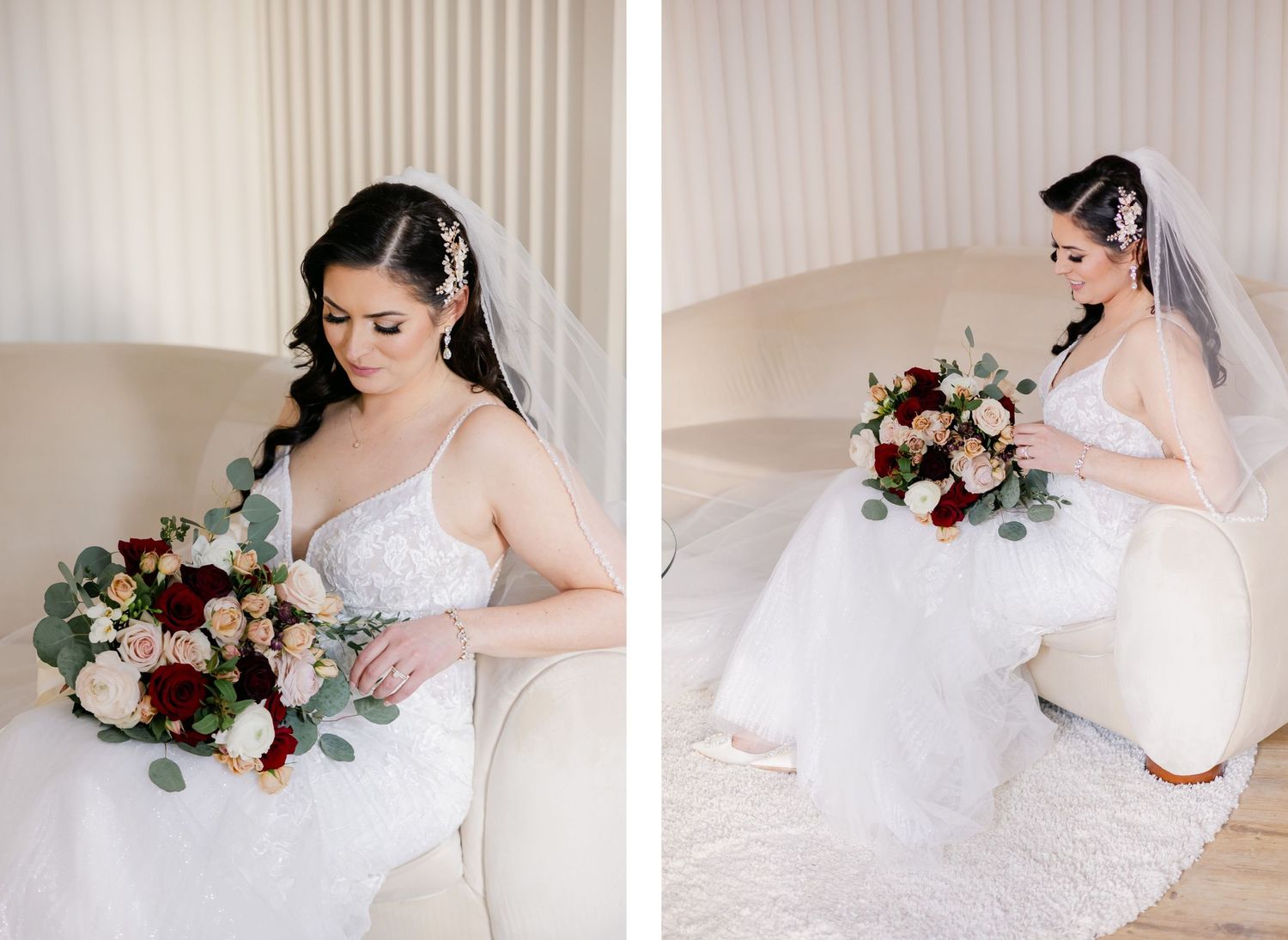 Side-by-side bridal portraits on white chair with dramatic floral arrangement.