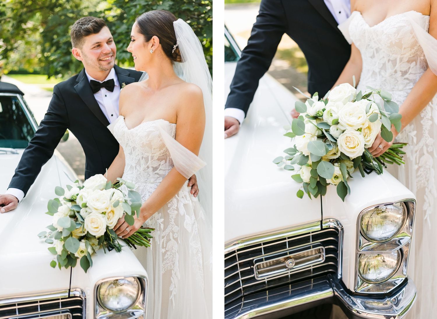 Classic white wedding photos featuring newlyweds posing with a vintage Cadillac and elegant bridal bouquet.