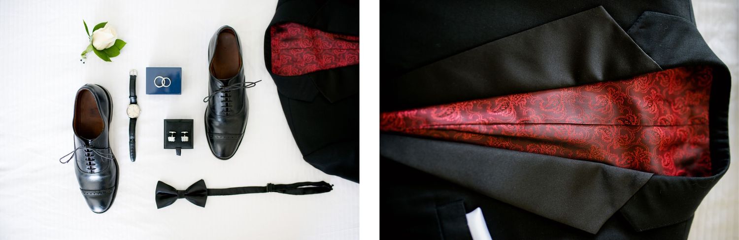 Formal groomsmen accessories including black shoes, bow tie and cufflinks on white background.