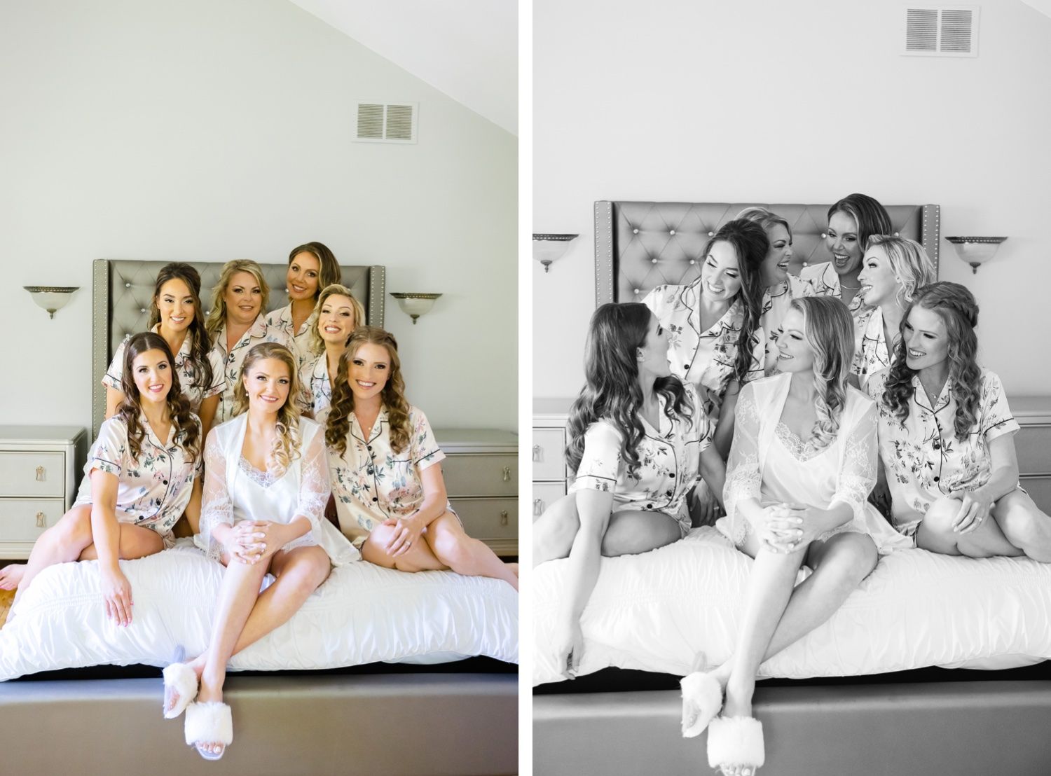 A group wearing matching floral robes sits together on a white bed in both color and black and white photos.