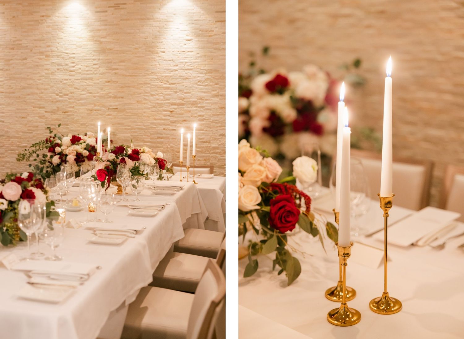 Wedding reception table setup with brass candlesticks and romantic red and white floral arrangements.