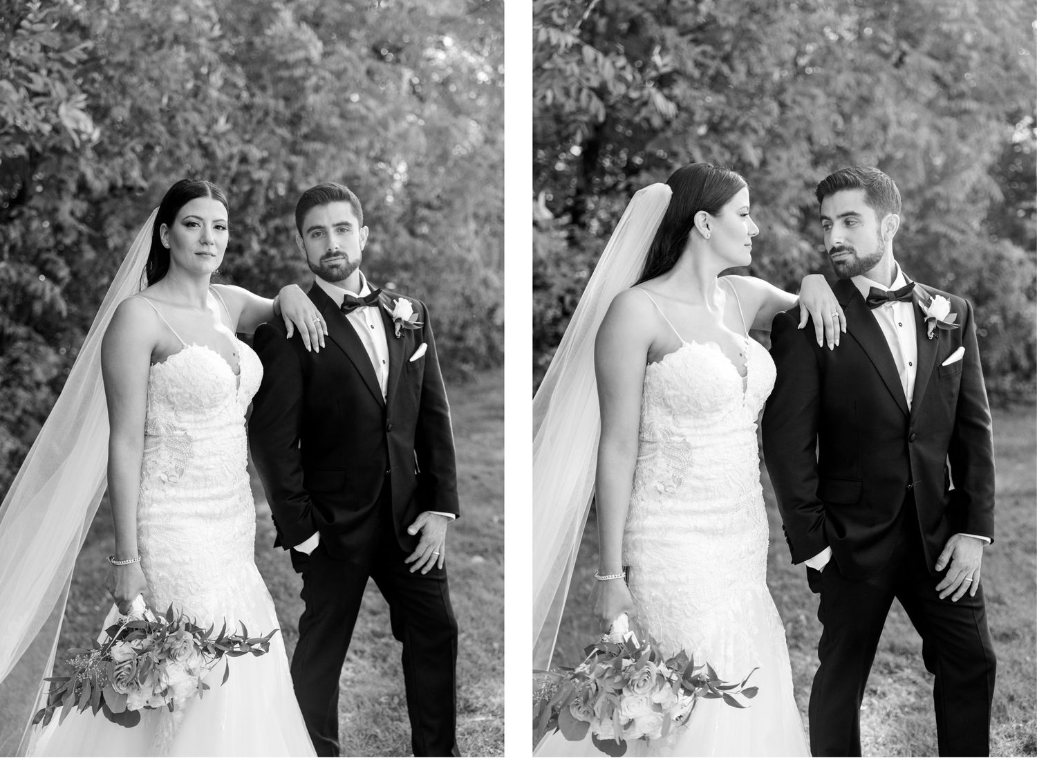 Black and white wedding photos showing a couple in classic formal attire posing outdoors.