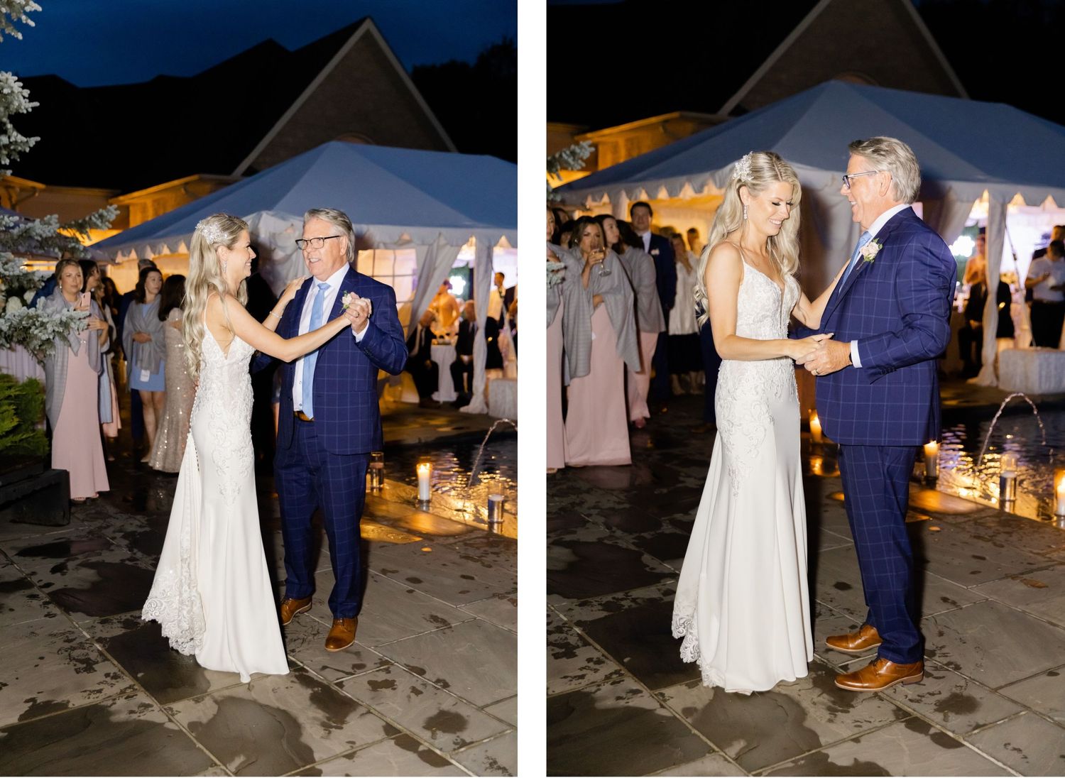 Wedding couple's first dance at outdoor evening reception under white tent with ambient lighting.