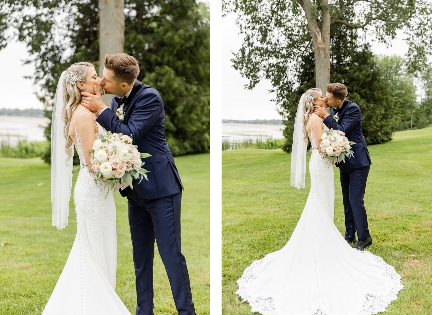 A romantic wedding couple shares a kiss outdoors on a grassy lawn with a waterfront view.