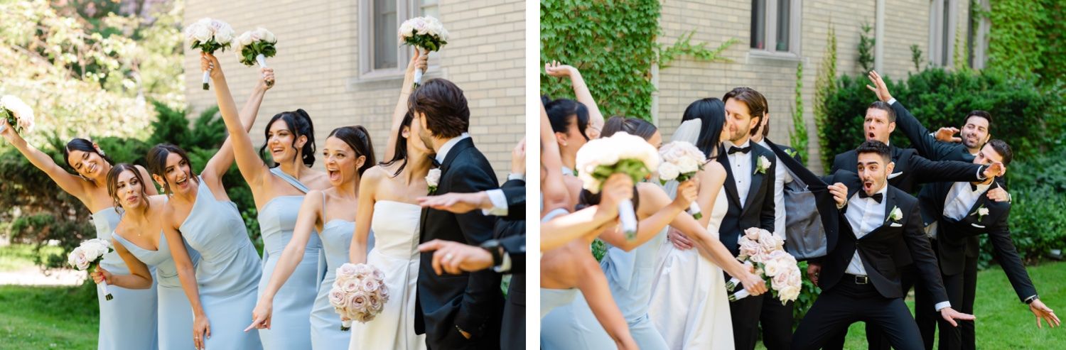 Fun candid shots of wedding party celebrating and posing playfully outdoors.