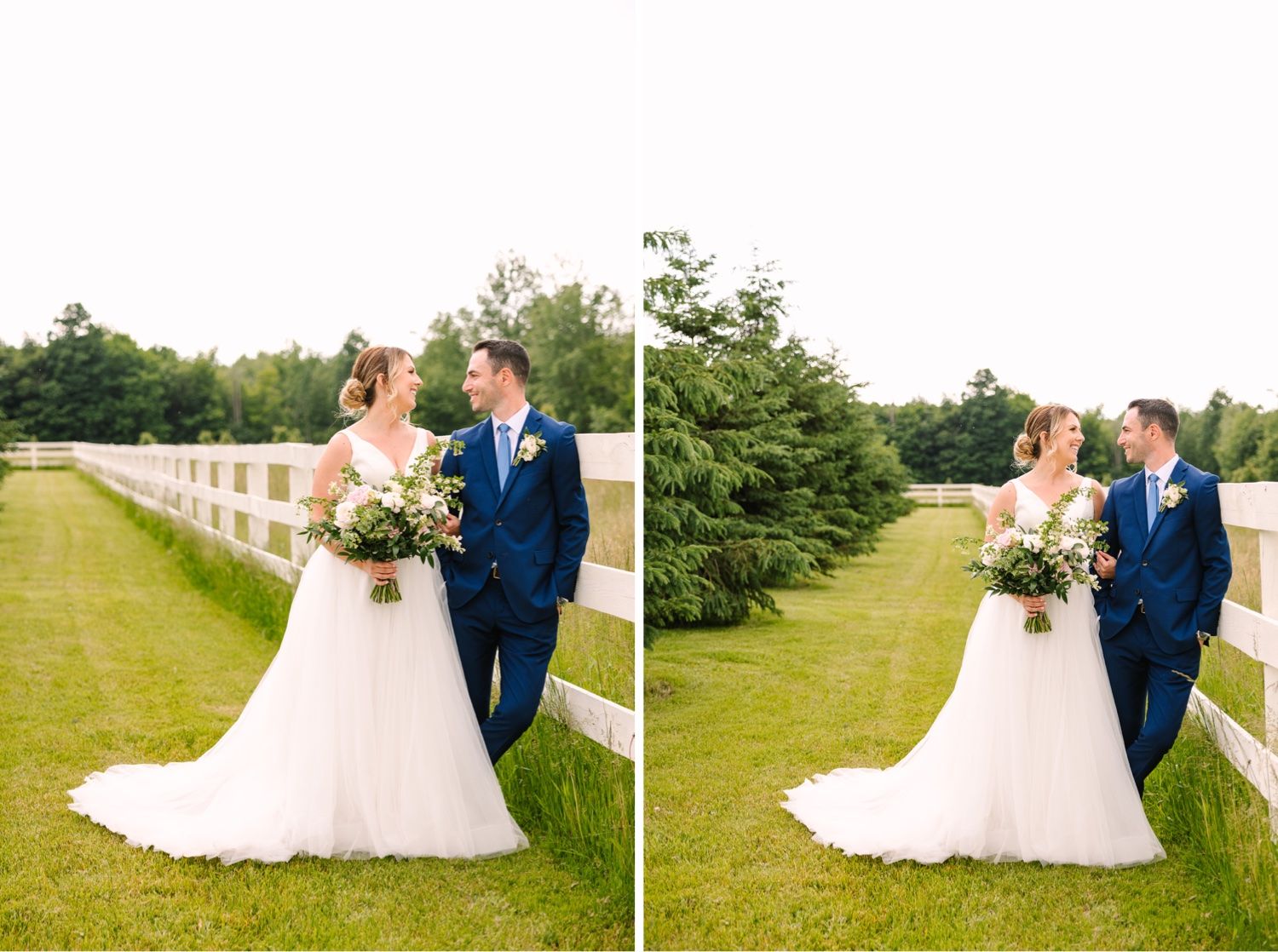 Elegant wedding portraits taken beside a white fence in a rustic outdoor setting.