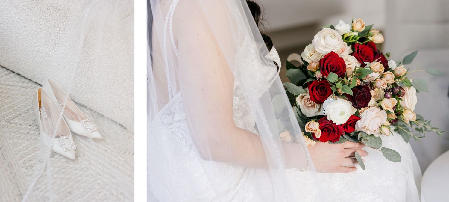Wedding details showing white bridal shoes and a red and white floral bouquet.
