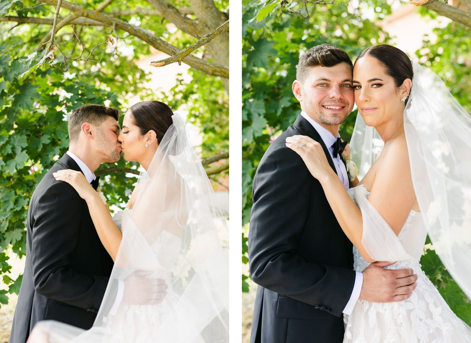 Tender wedding moments photographed through tree branches in natural lighting.