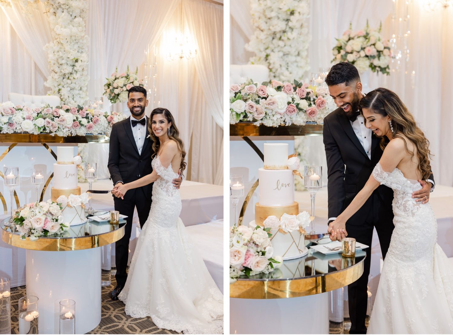 Wedding cake cutting moment at elegant reception with floral arrangements and gold accents.