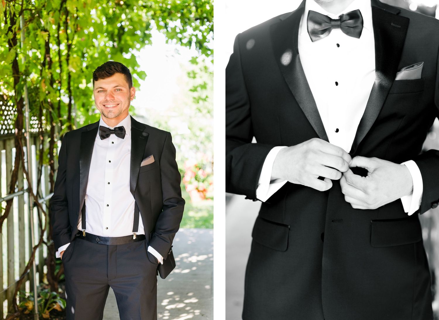 Classic black tuxedo with bow tie shown in full and detail shots with green foliage background.