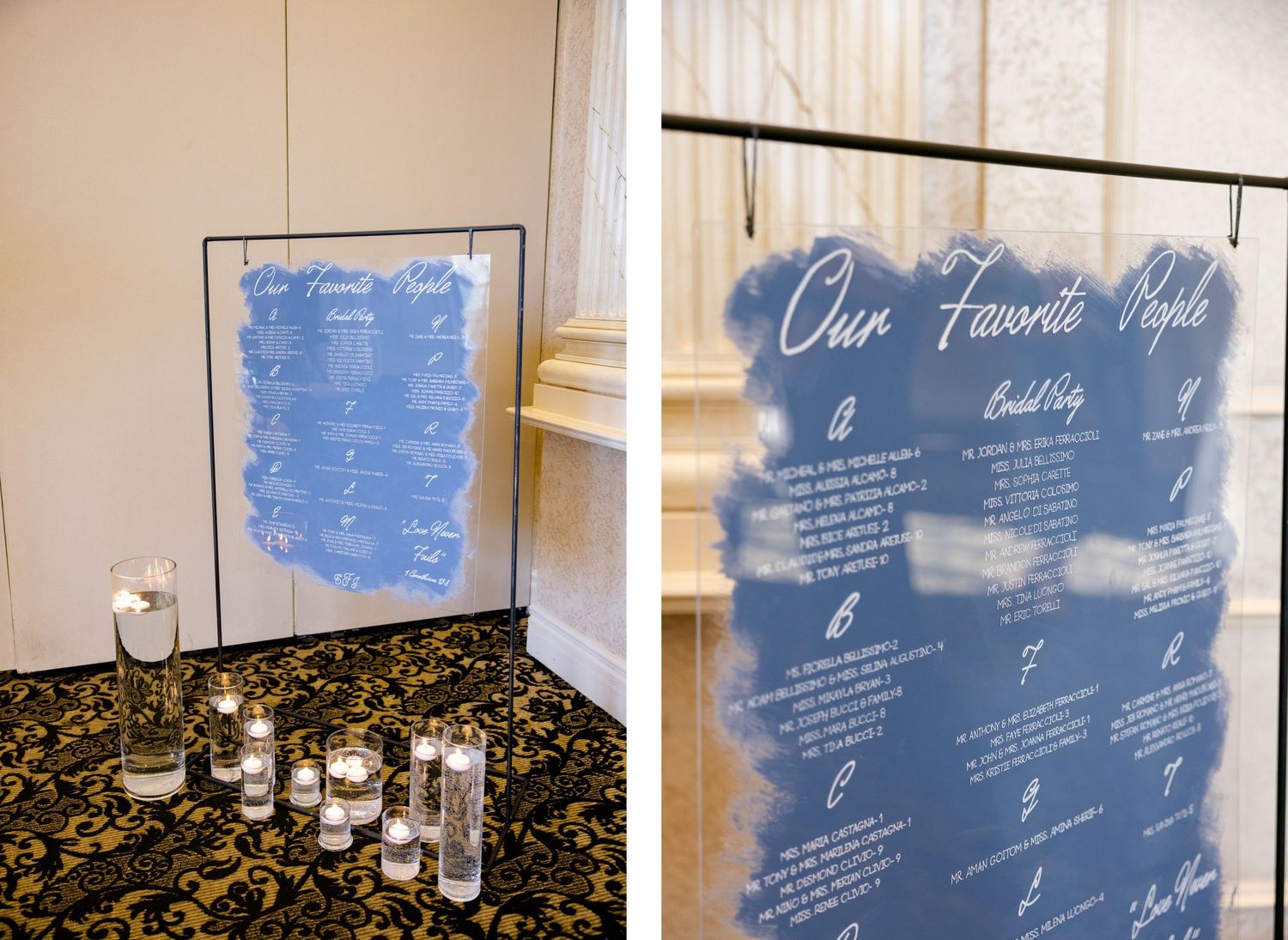 A modern blue seating chart display with glass bottles and candles arranged below.