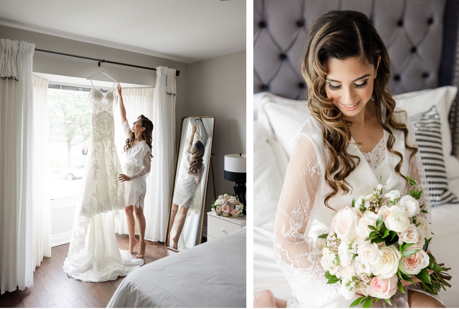 Wedding preparations showing dress in window and elegant bridal styling with white floral bouquet.