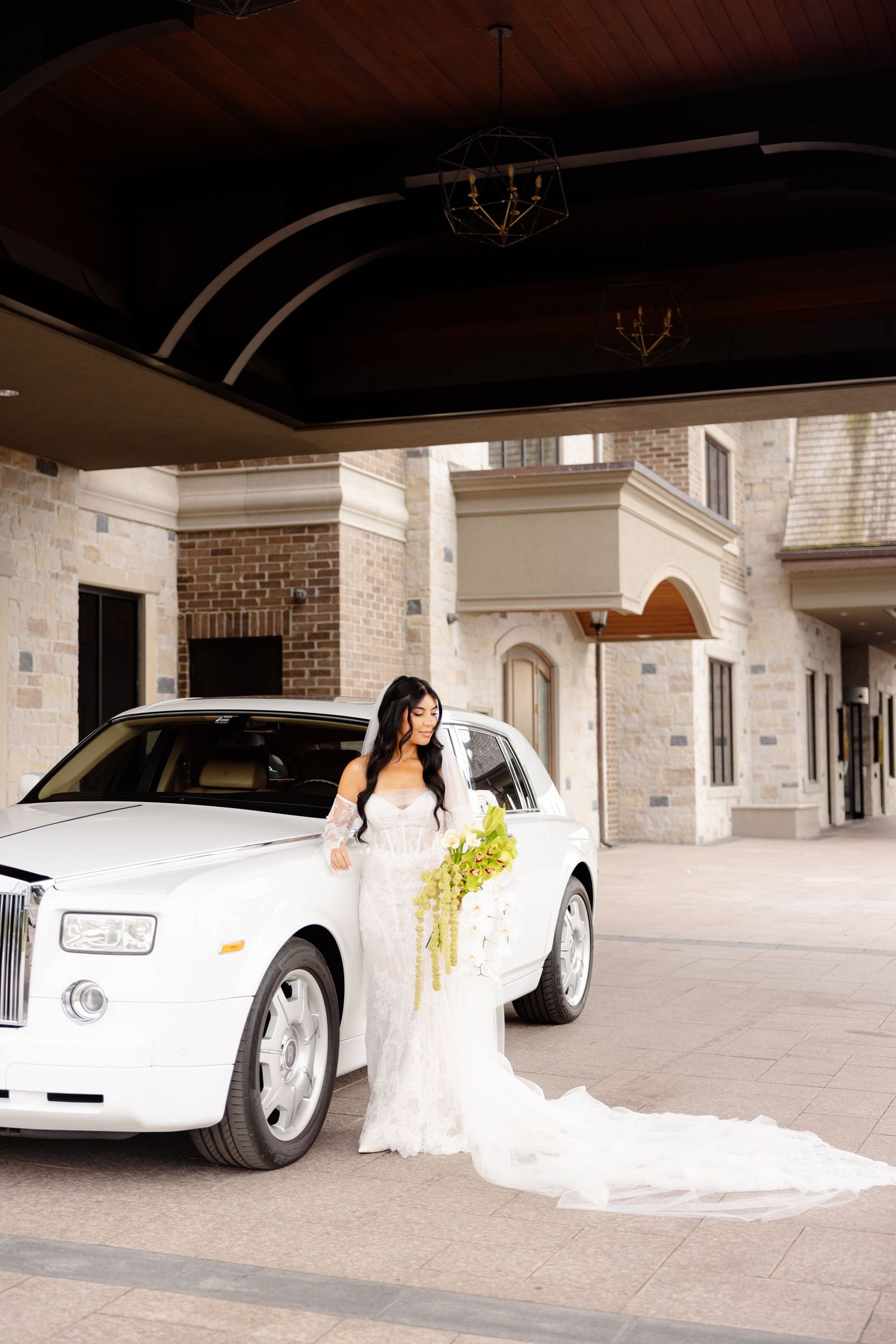 Wedding photography sequence showing couple with white sports car under covered entrance.