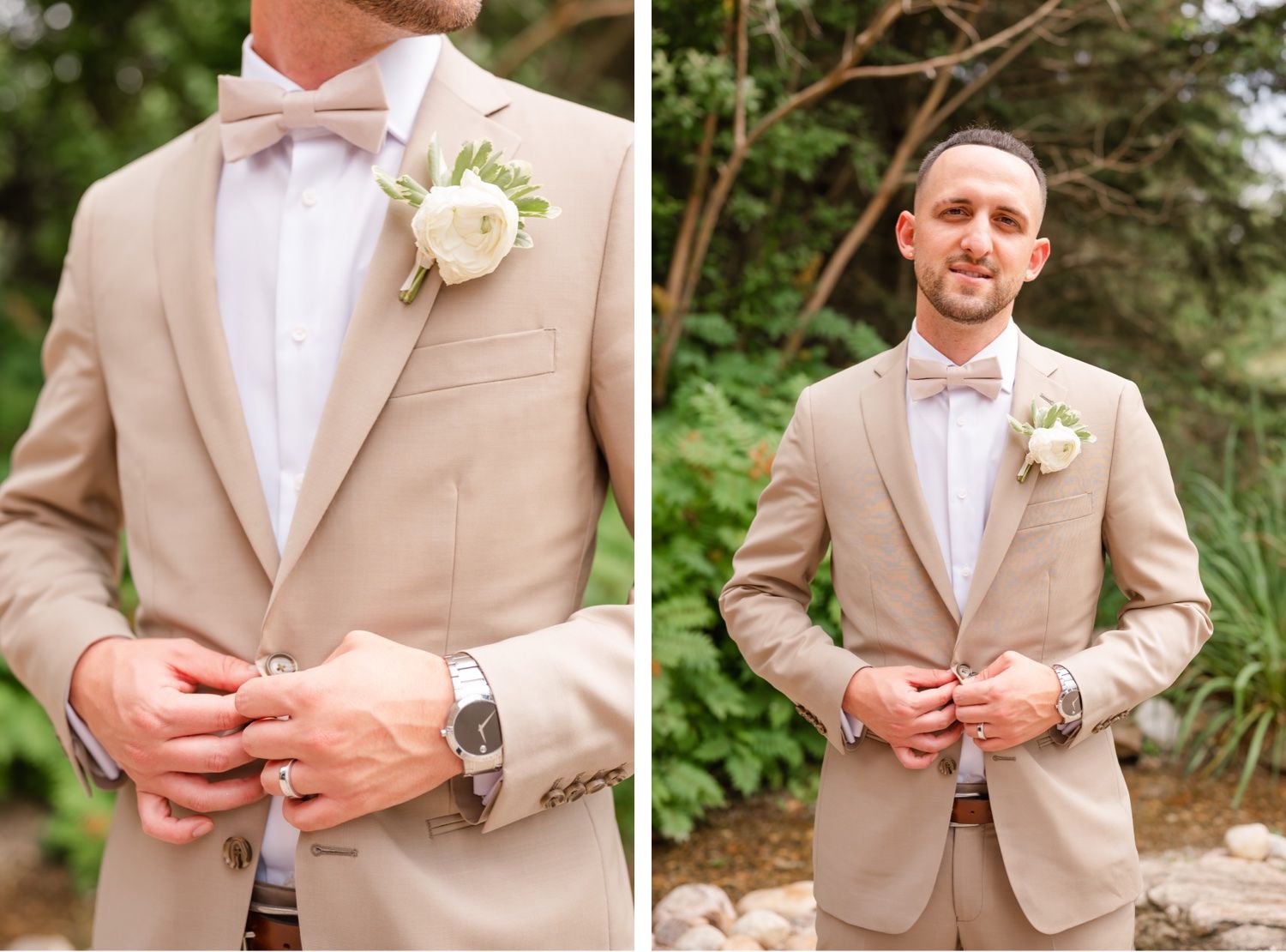 Detail shots of groom's beige suit with pink bowtie and boutonniere alongside full length portrait.