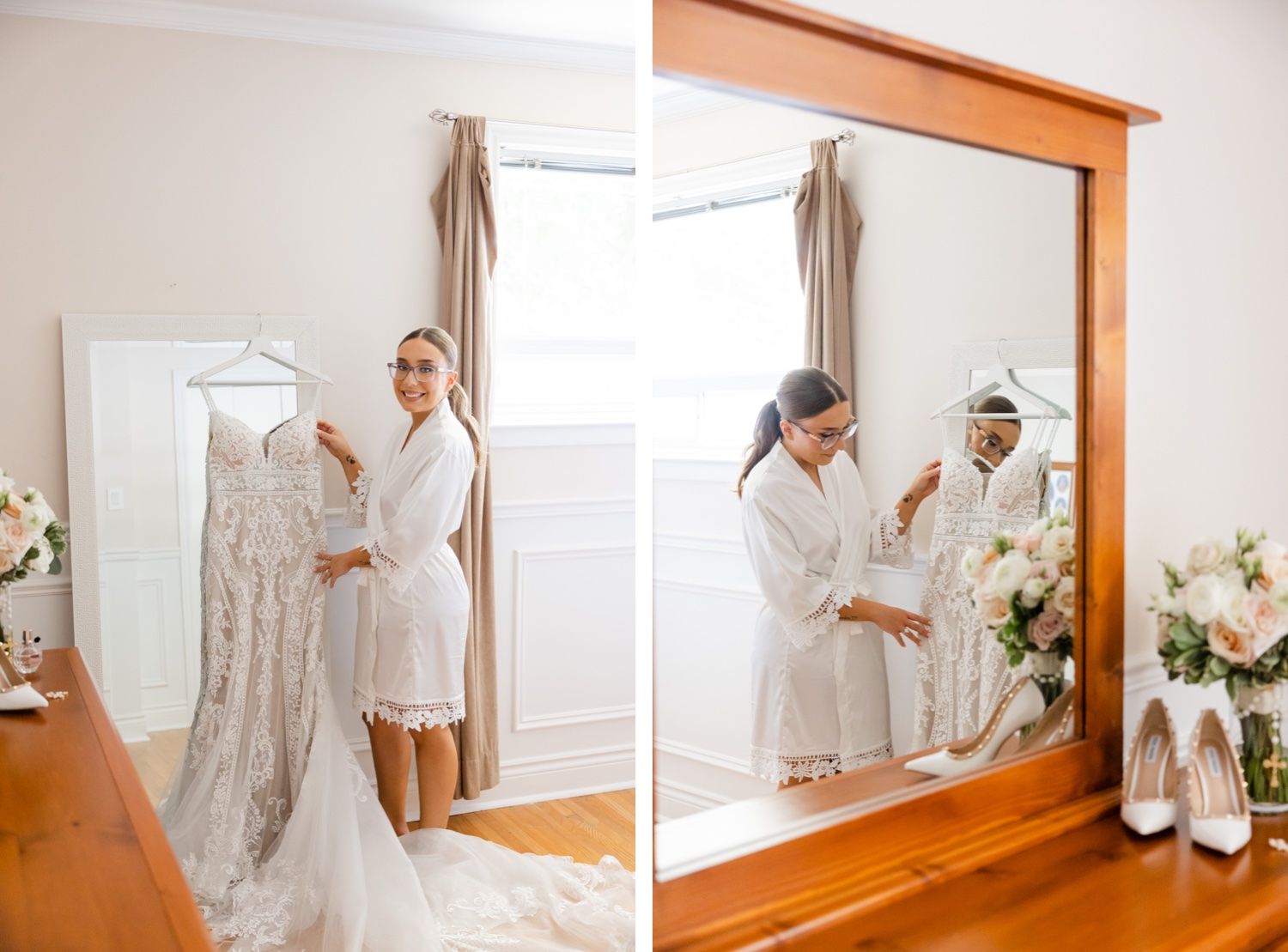 Wedding dress preparation moments captured in elegant bedroom mirror reflections.
