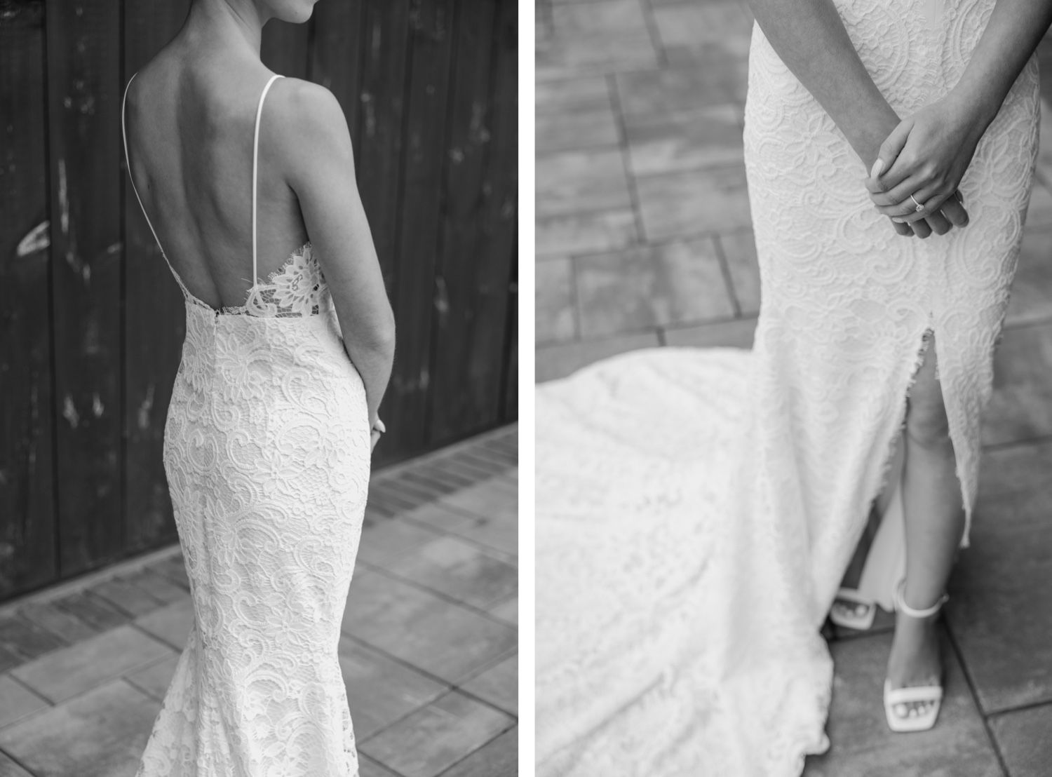 Close-up details of a white lace wedding dress showing backless design and side slit.