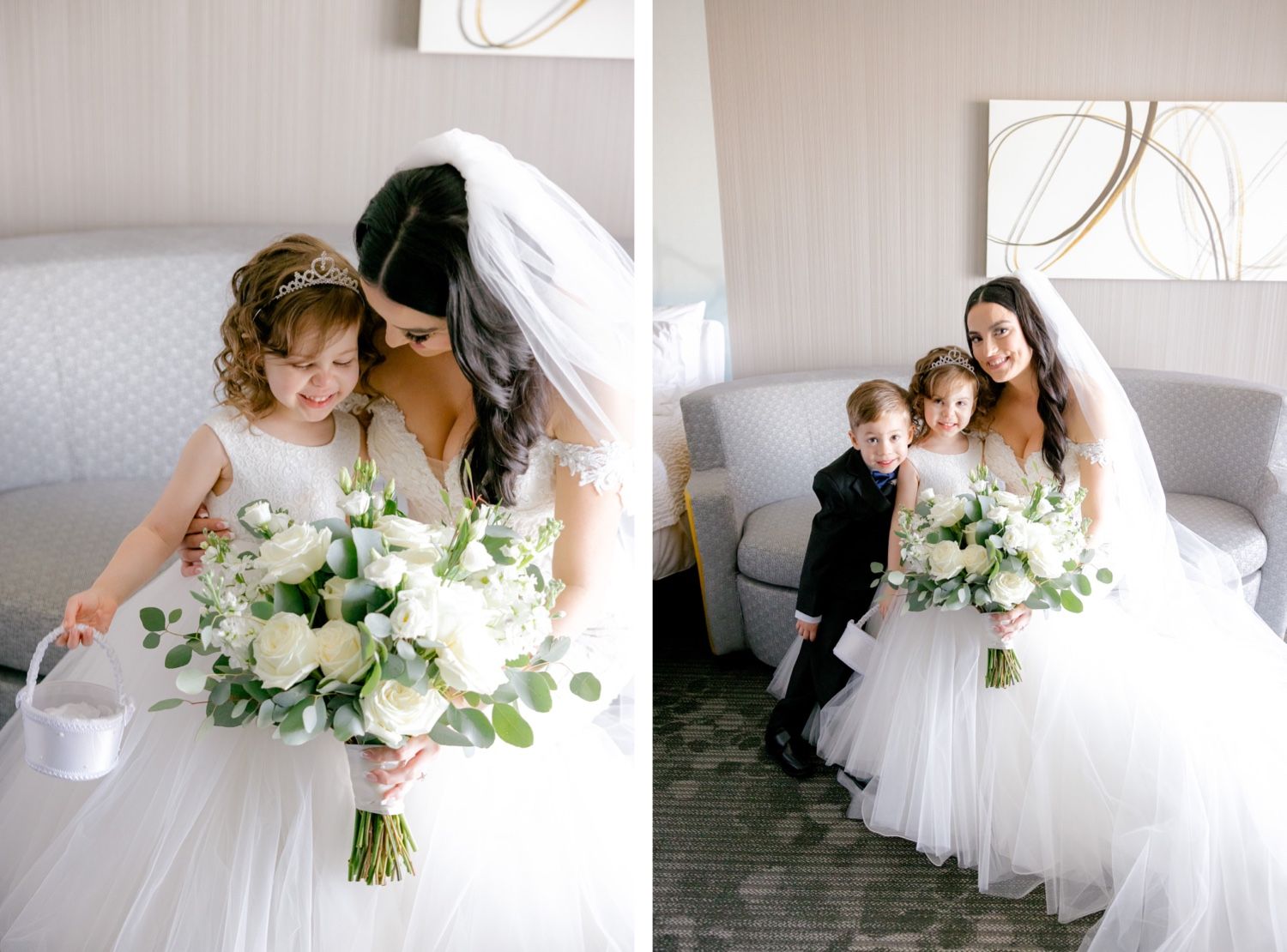 Sweet candid moments captured with flower girls in white tulle dresses.