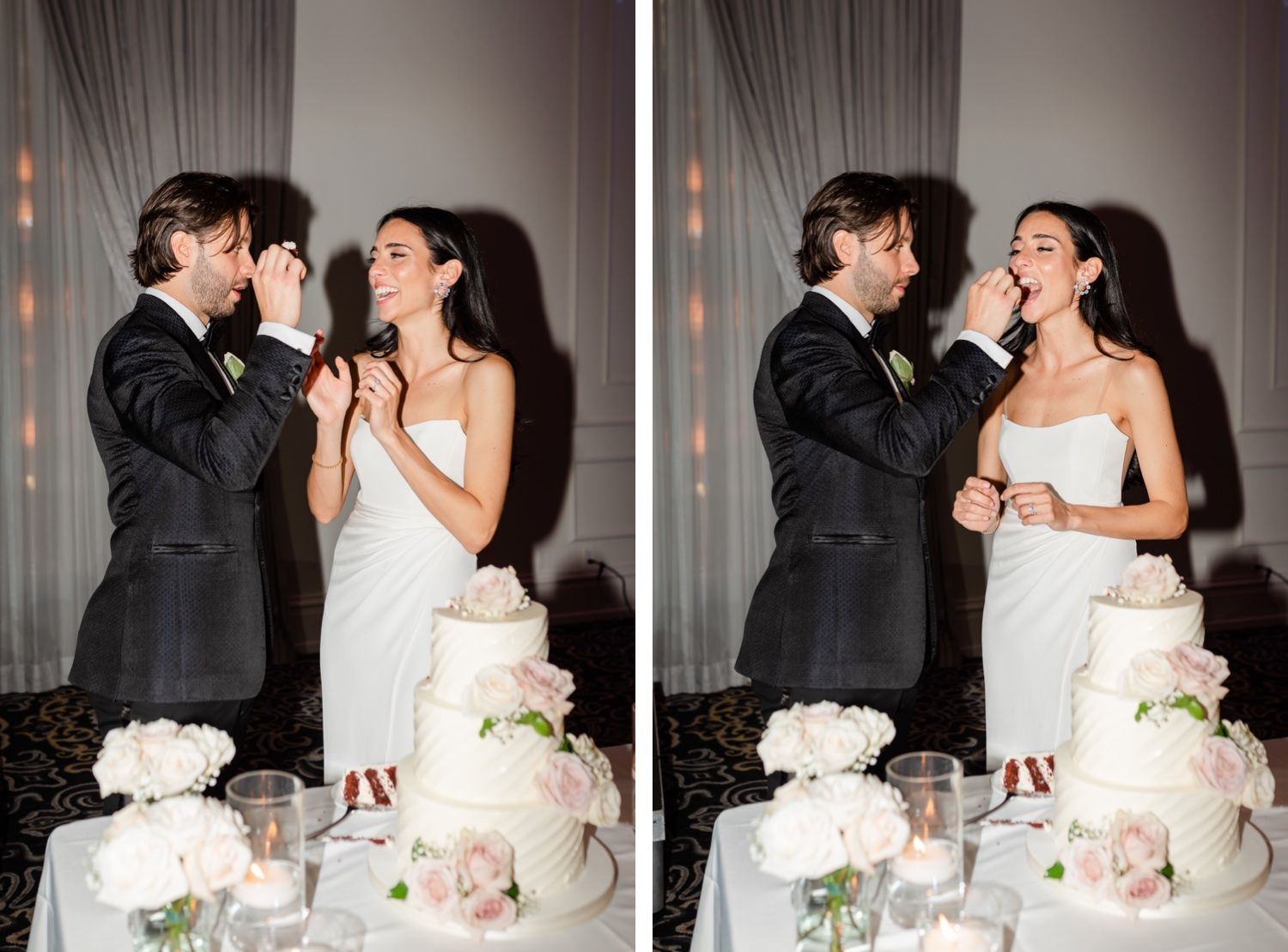 Split image showing a couple's joyful cake-cutting moment at their wedding reception.