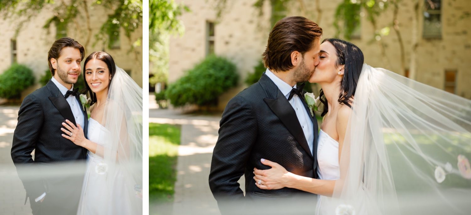Split image showing tender moments between newlyweds with flowing veil in outdoor setting.