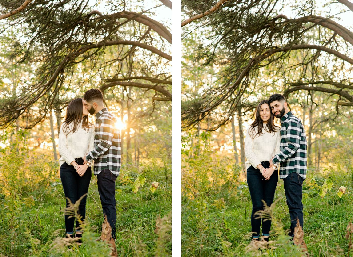 Two candid photos of couple standing beneath pine branches in sunset lighting.