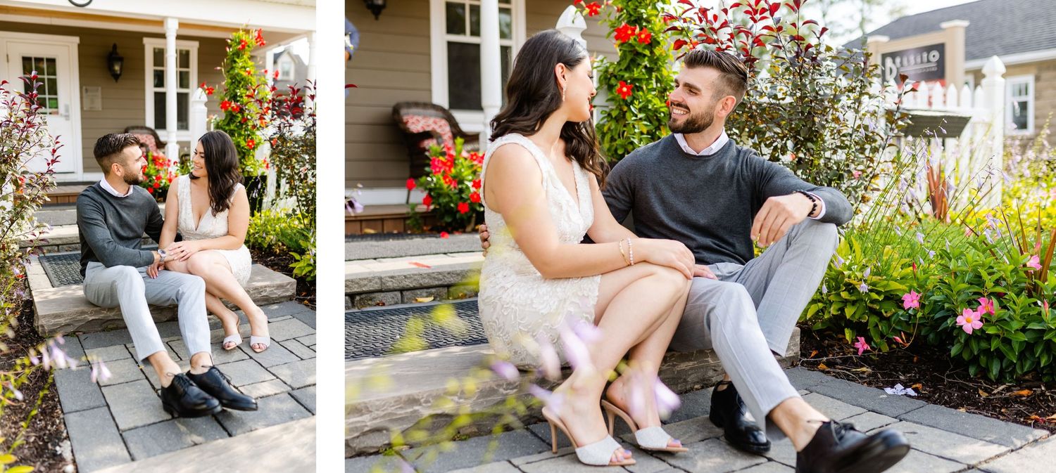 Multiple shots of a couple sitting and posing together on stone steps with garden flowers.