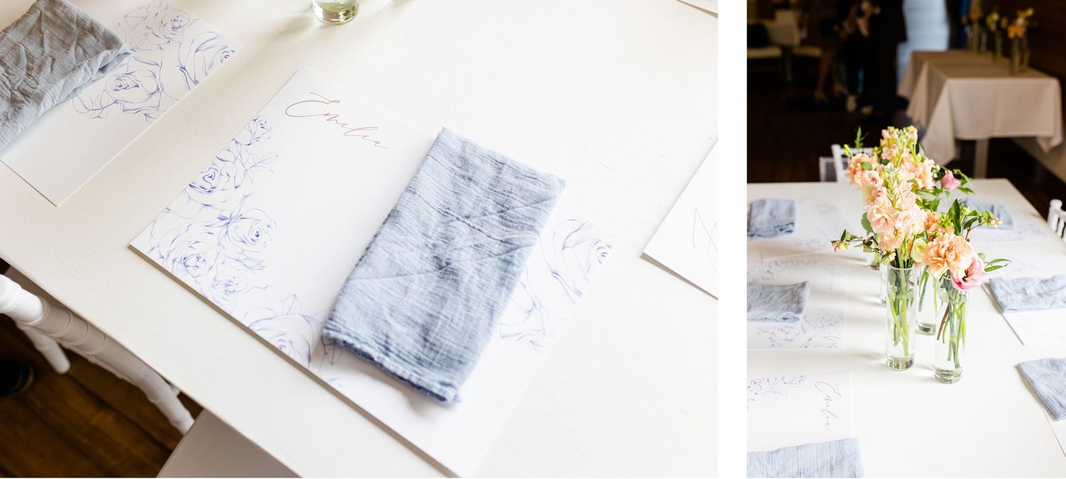 Collage of table settings showing light blue napkins and floral arrangements.