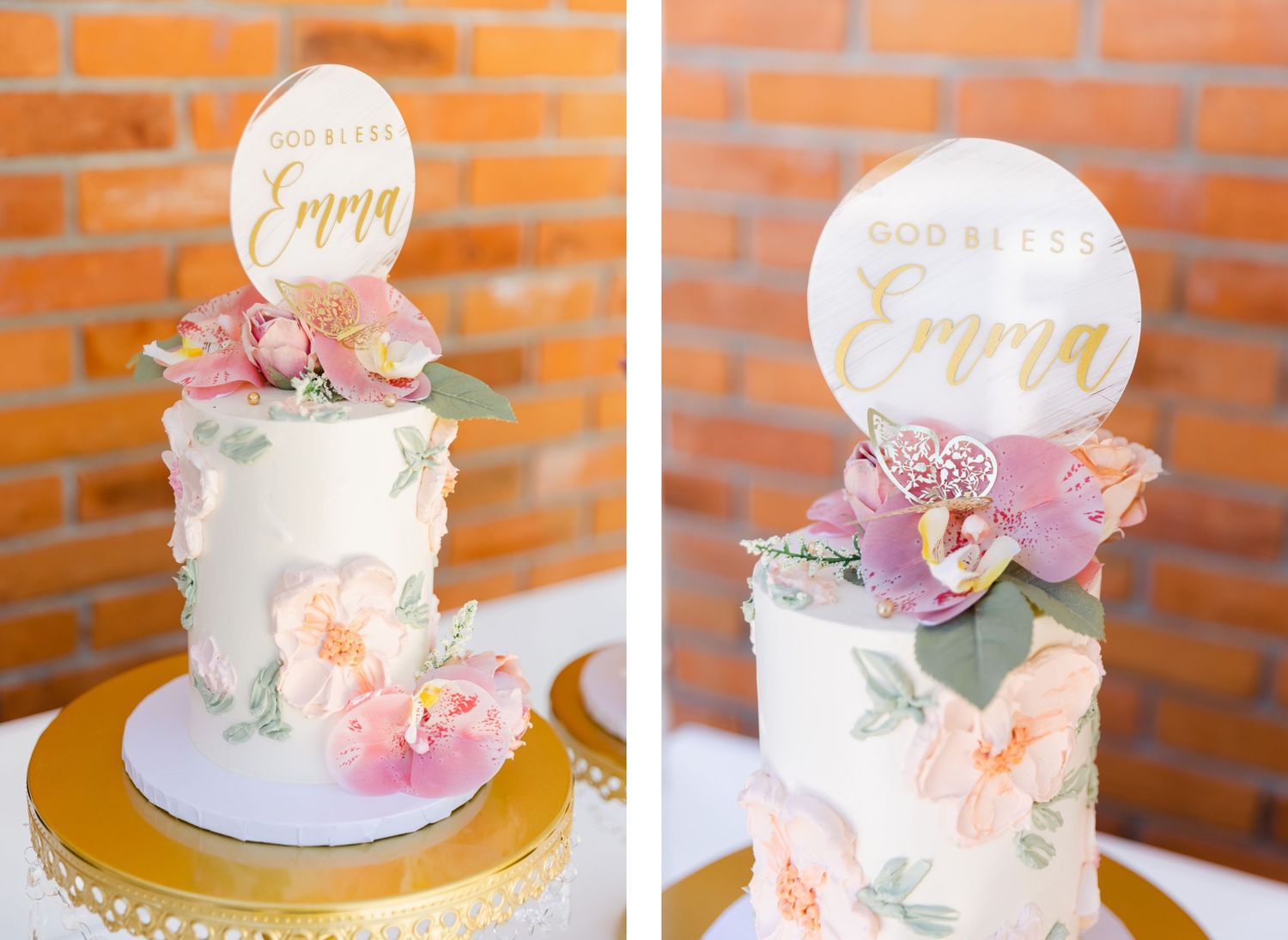 Wedding cakes adorned with pink and purple flowers and gold circular toppers on display.