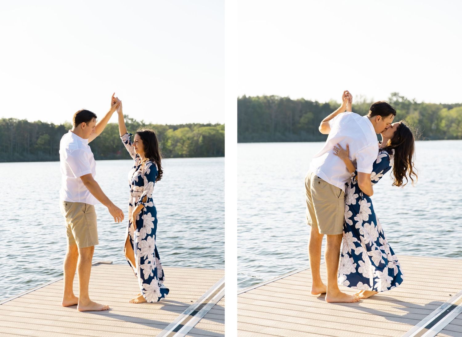 A couple dancing and twirling on a lakeside dock during a summer photoshoot.