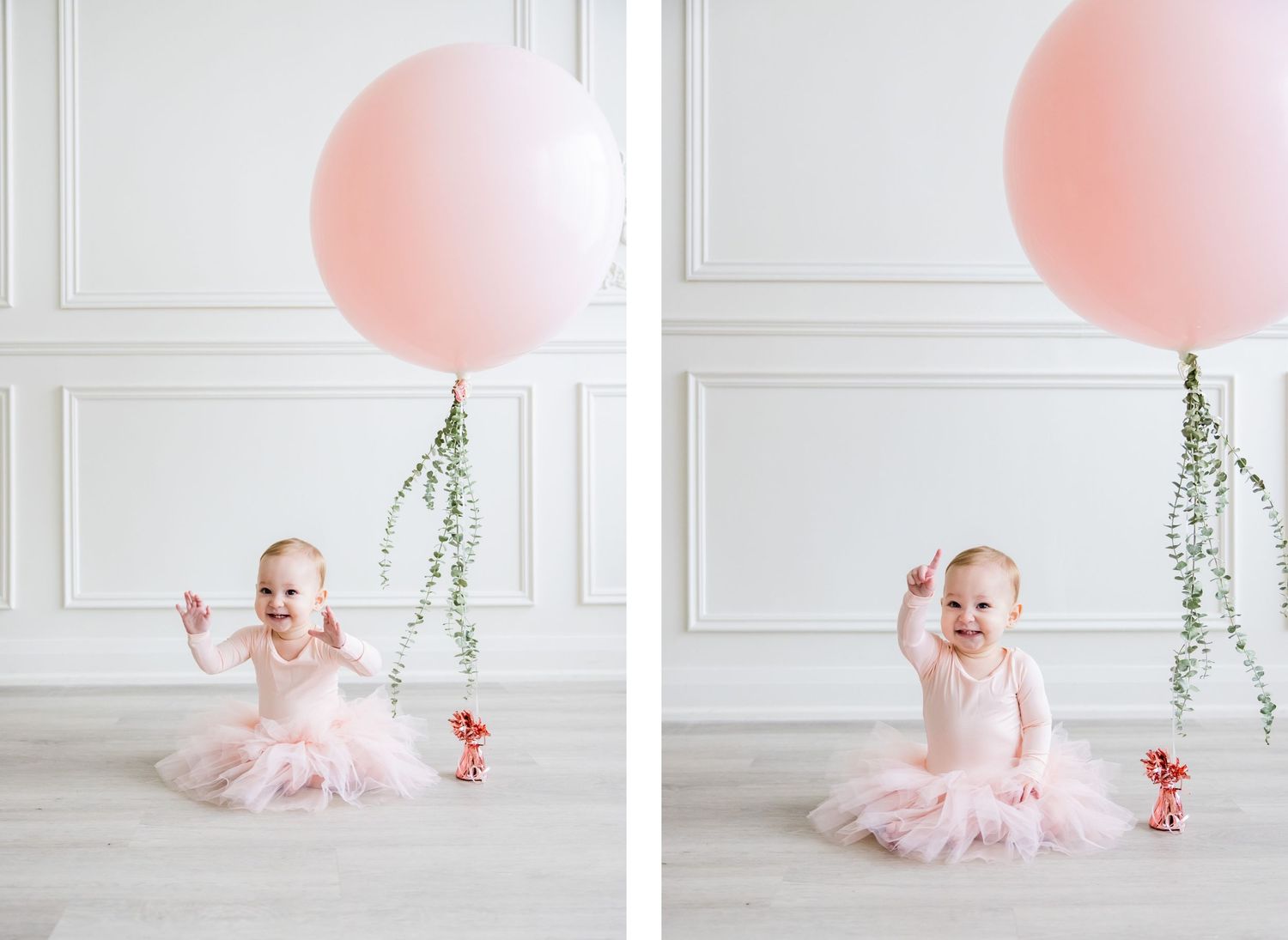 Side by side photos of pink celebration scene with balloon and hanging greenery.
