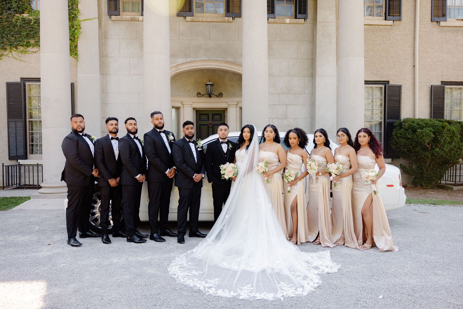 Wedding party in formal attire posing in front of a grand columned building.