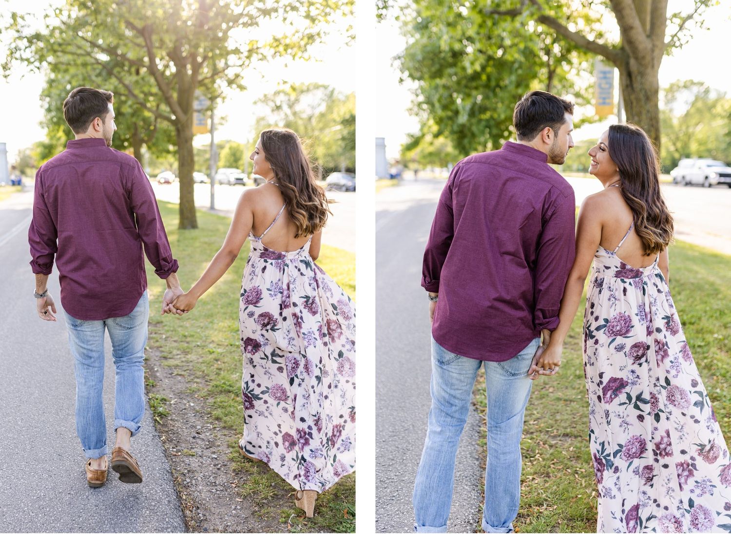 A couple walking hand in hand down a tree-lined path in matching outfits.