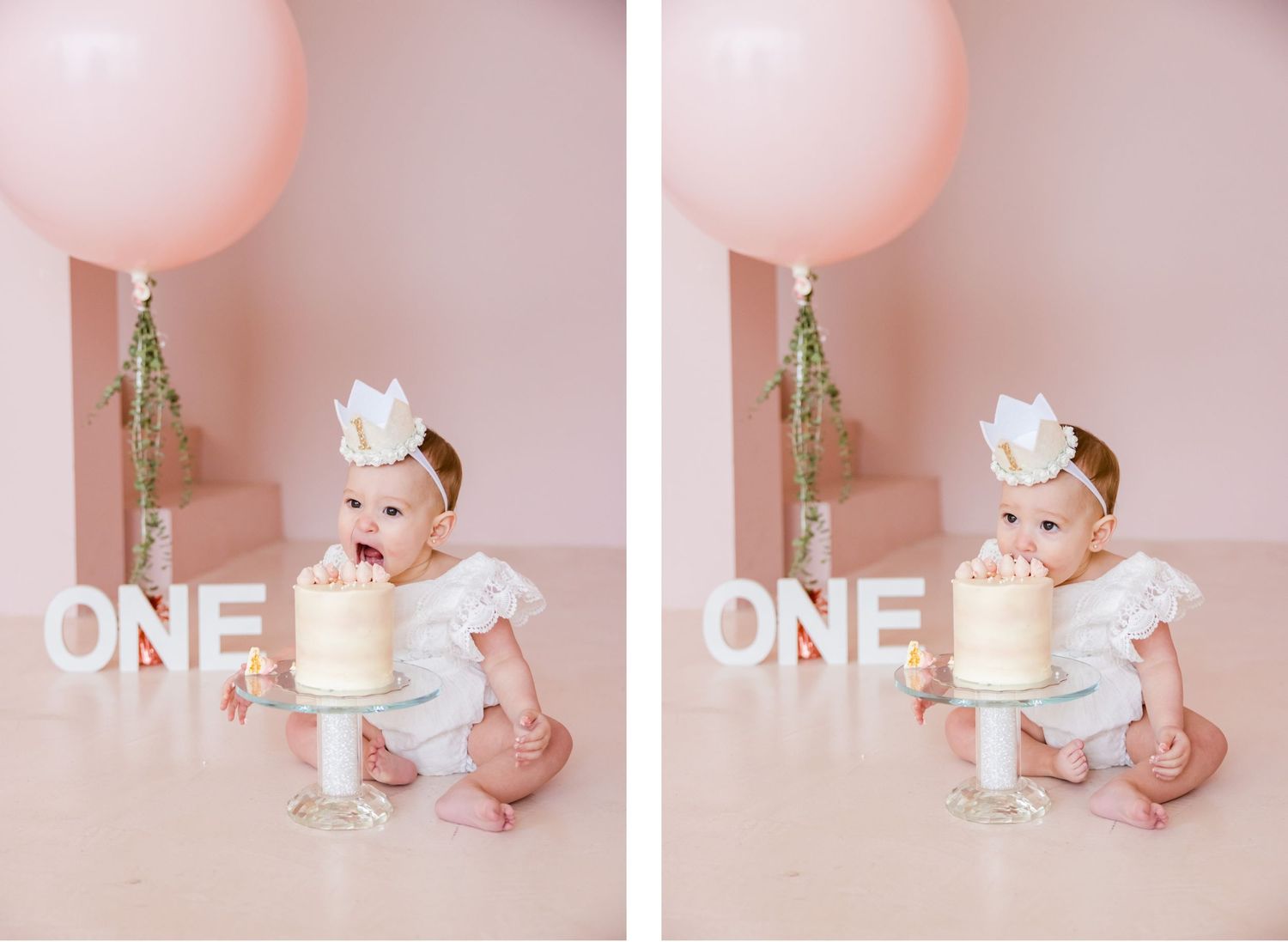 Duplicate cake smash photos showing first birthday celebration with pink balloon and white cake.
