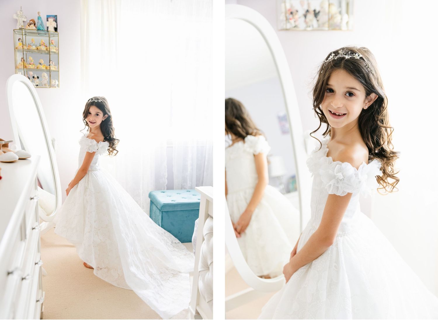 White dress and mirror reflections create an ethereal morning scene in a bright room.