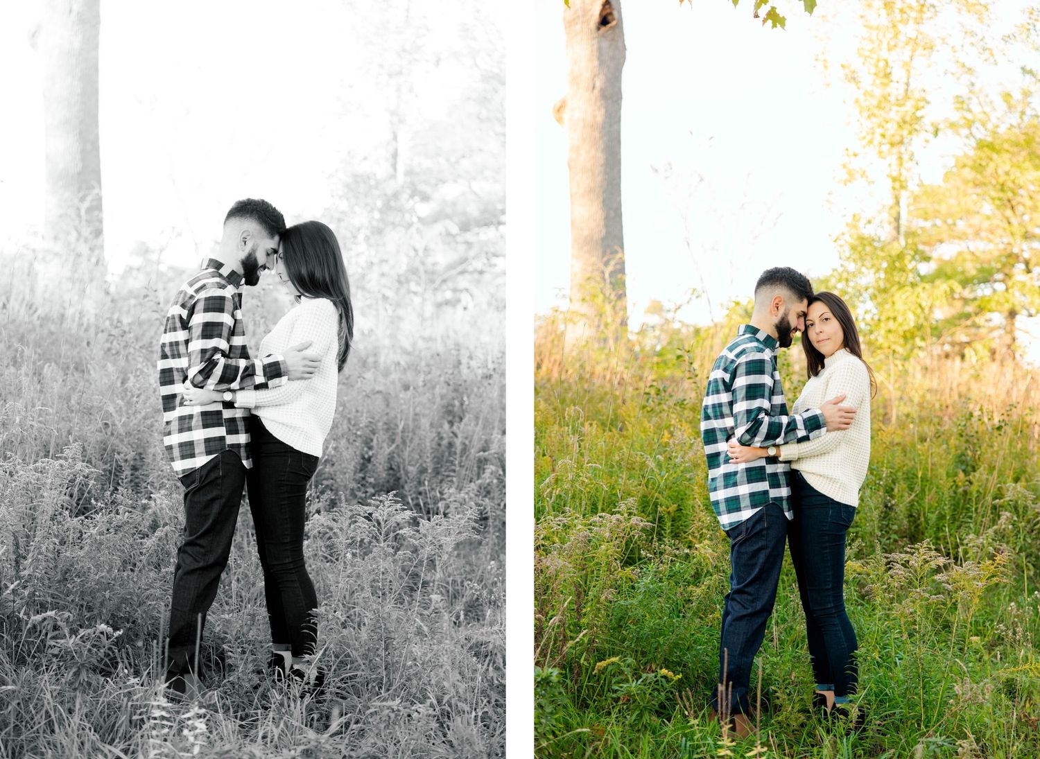 Side-by-side color and black-white photos of couple embracing in field.