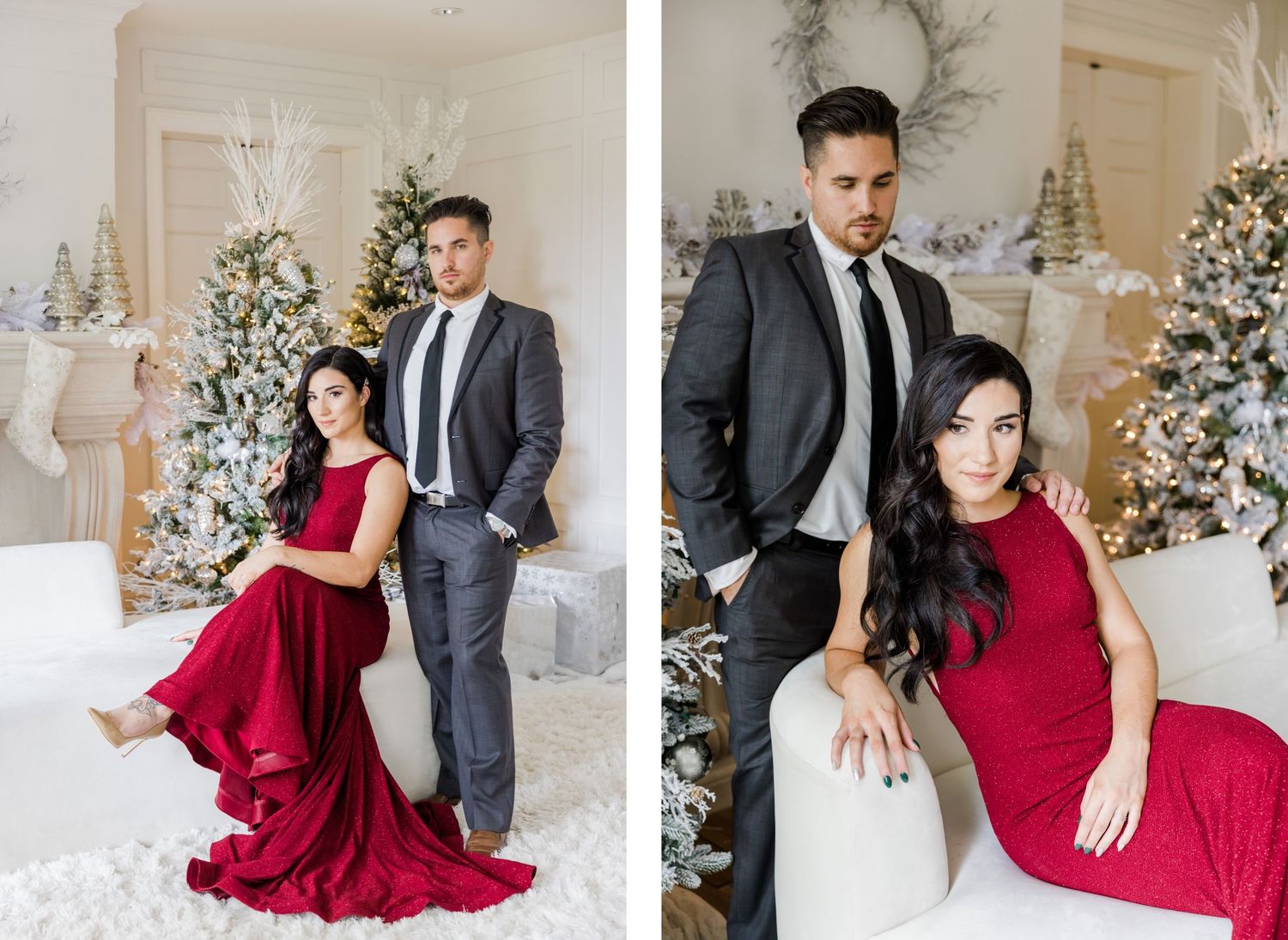 Romantic holiday photo shoot featuring formal attire against decorated Christmas trees and white decor.