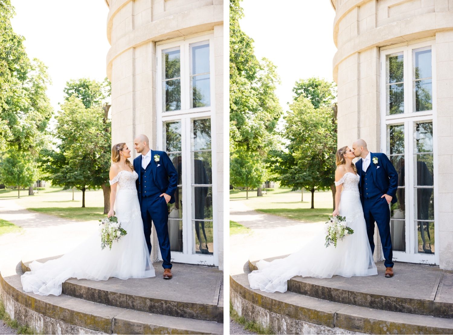 Newlyweds share romantic moment on curved stone steps by classical building.