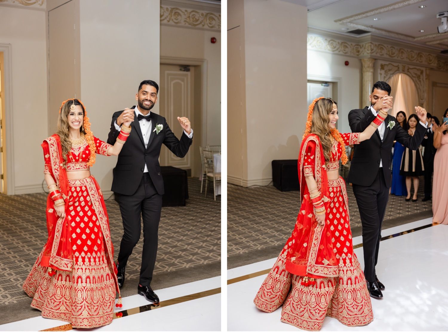 Couple dances together at their reception while guests watch, with the bride in a vibrant red traditional outfit.