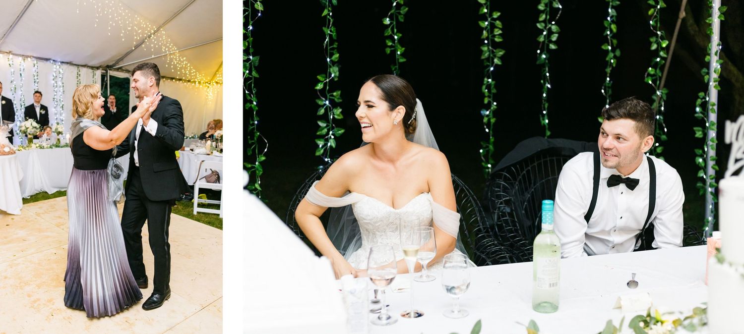 Split image showing wedding reception moments under a white tent with guests during speeches.