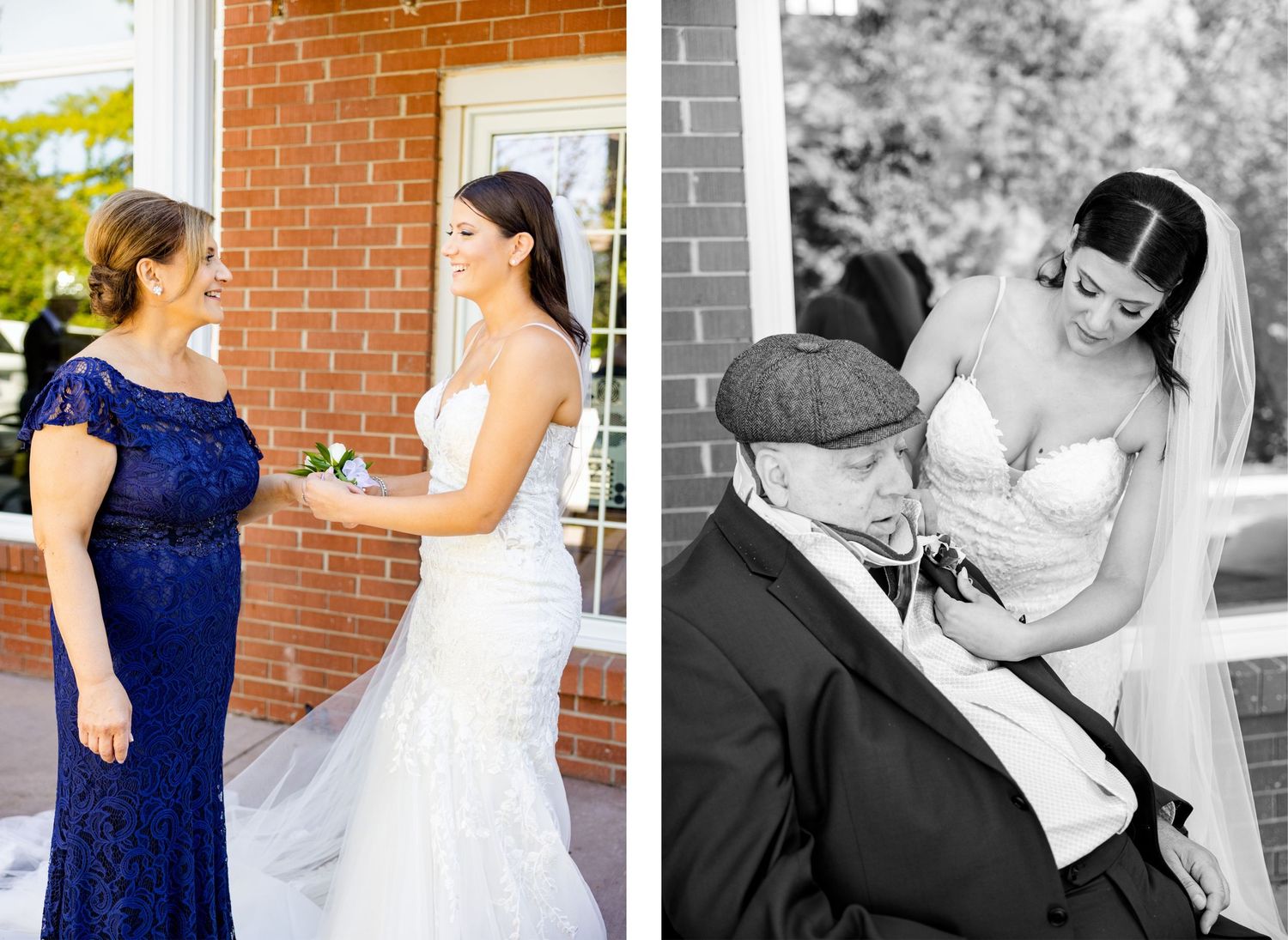 Side-by-side emotional wedding moments in color and black and white.
