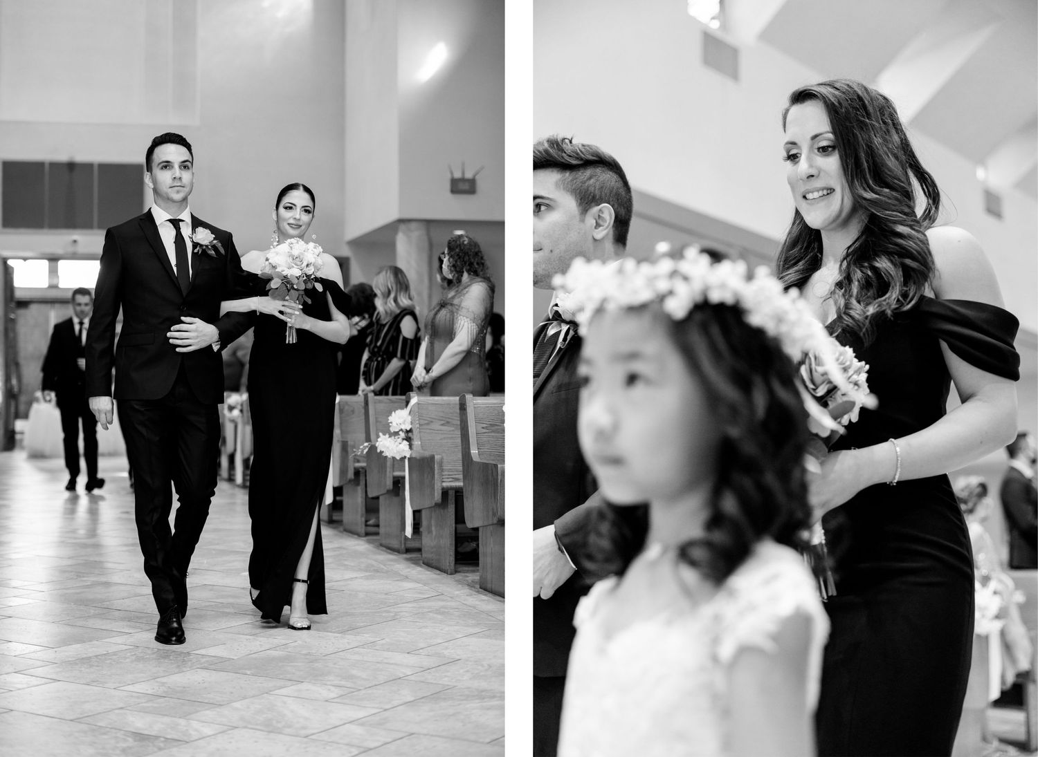 Black and white photos showing formal wedding party members walking in a church.