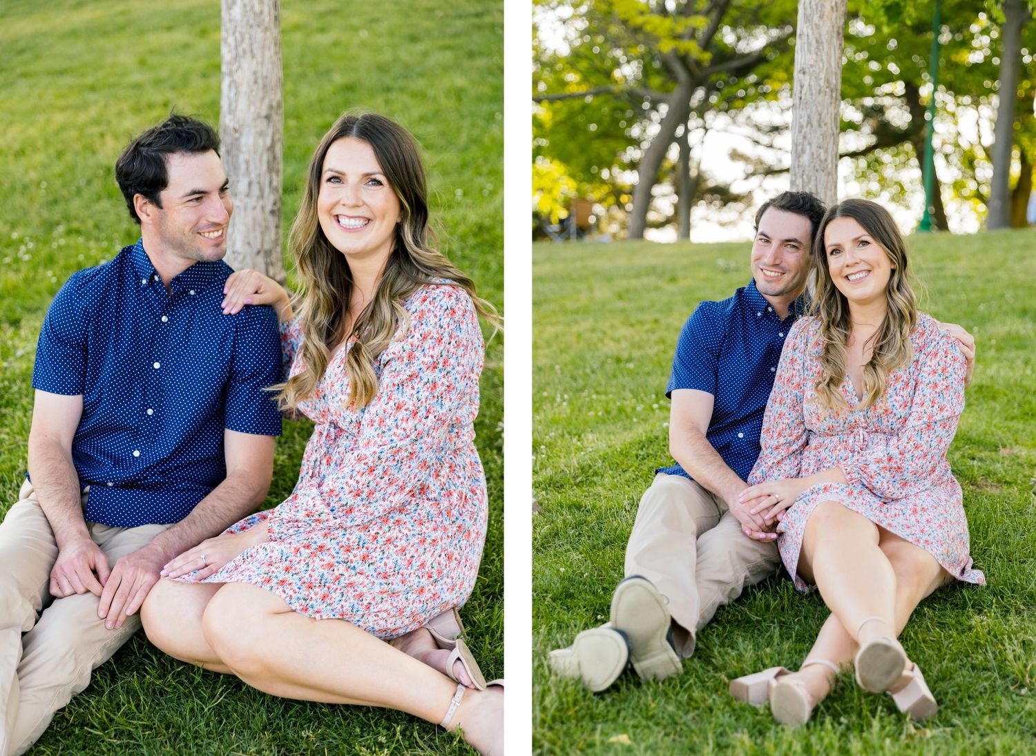 Side by side photos show a couple sitting together on grass near a tree on a sunny afternoon.