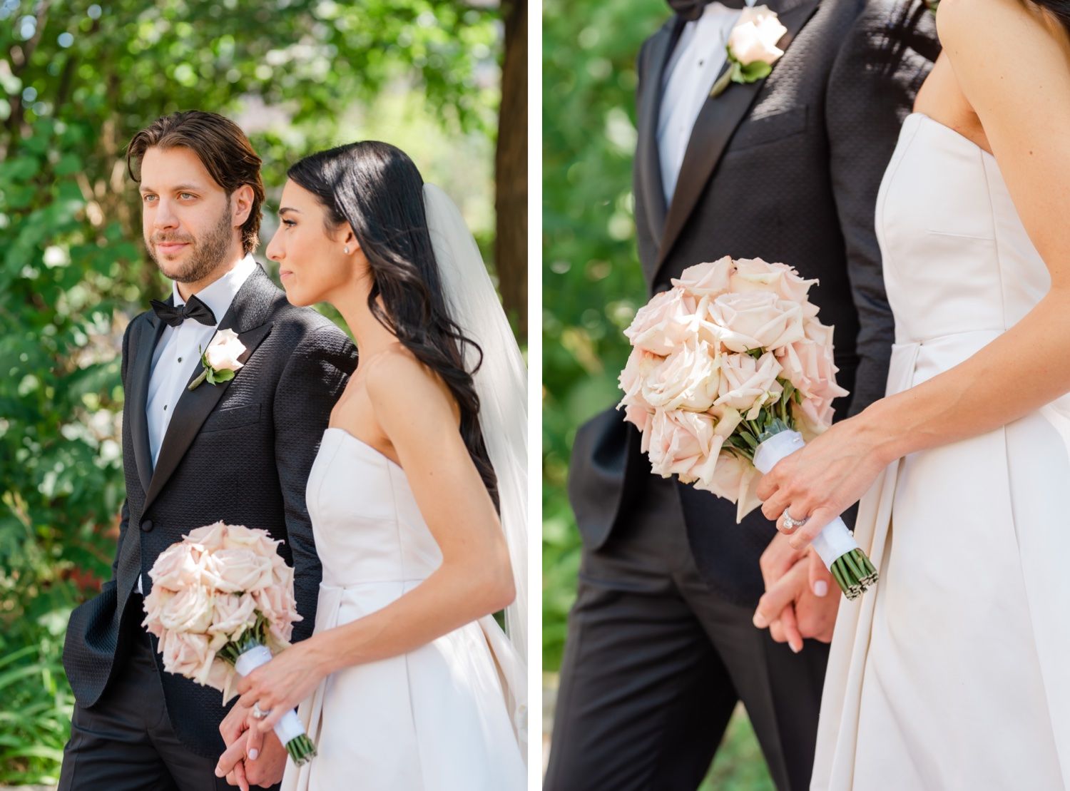 Side-by-side wedding photos showing details of blush bouquet and couple's formal attire.