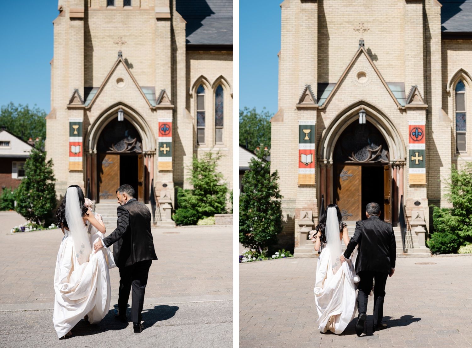 Couple entering gothic church doorway shown in side-by-side wedding photos.