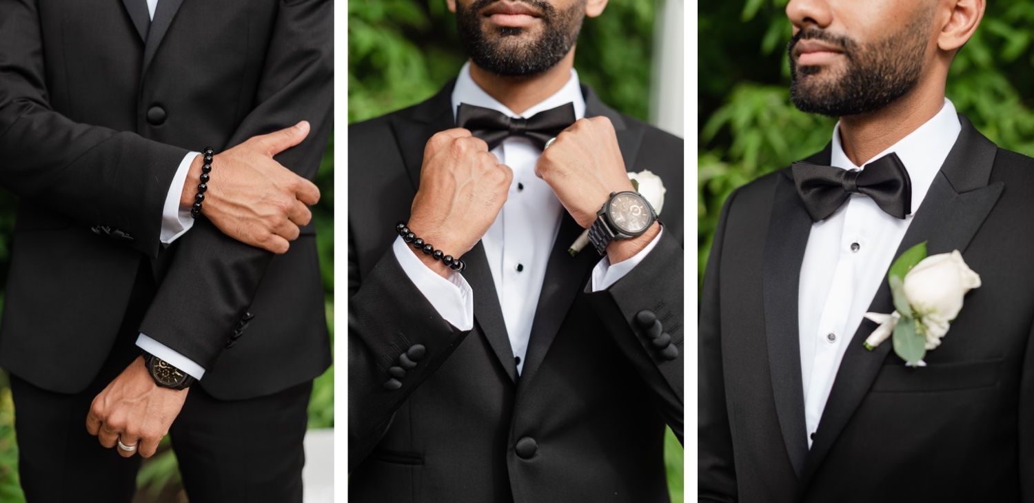 Detail shots of tuxedo accessories including bowties, boutonnieres and watches.