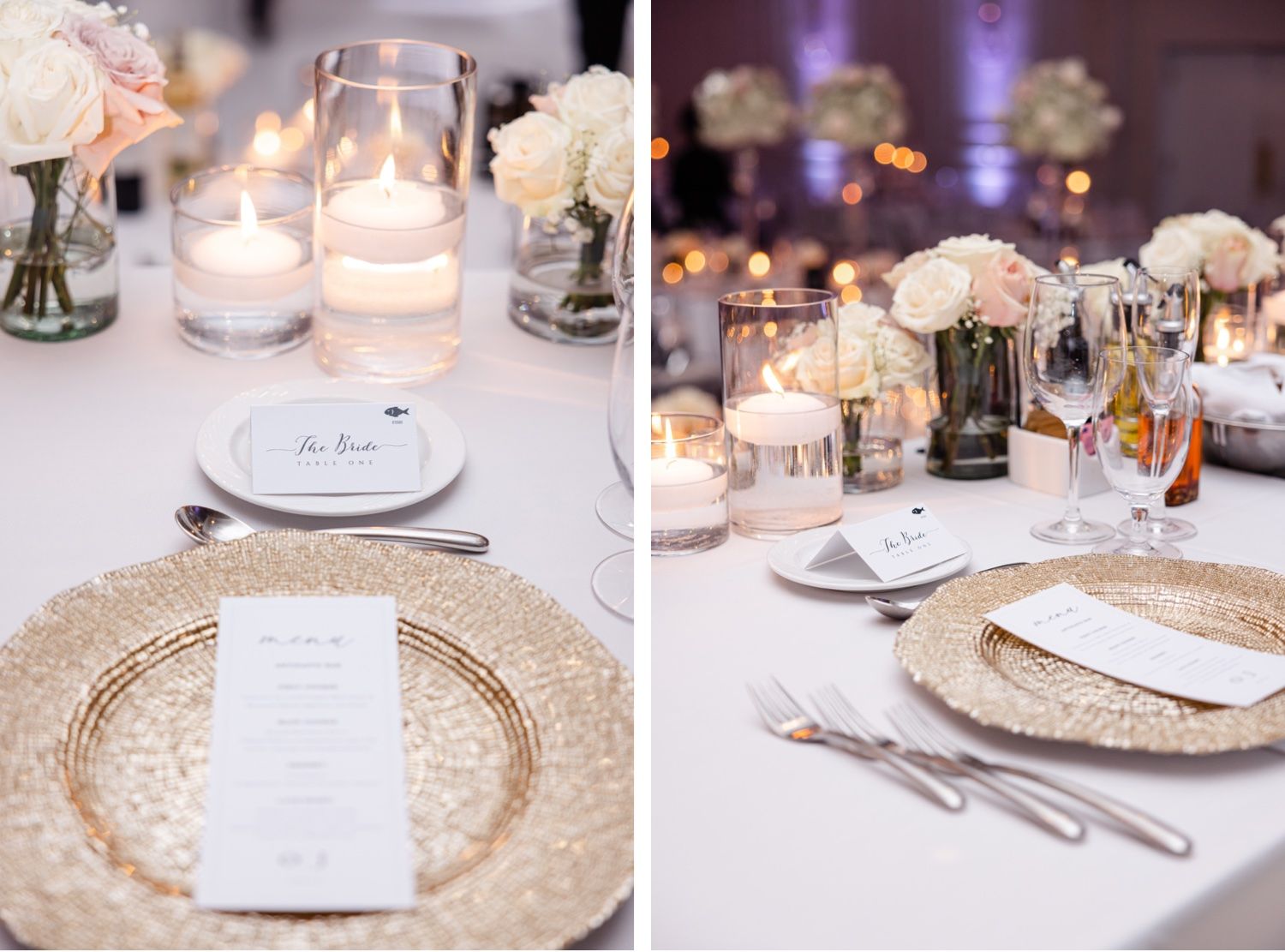 Wedding table settings with gold charger plates, candles, and floral arrangements.
