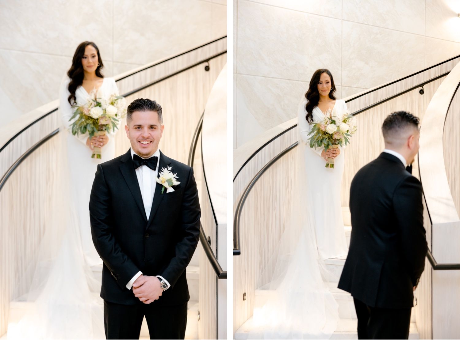 A first look wedding moment captured on an elegant curved staircase.