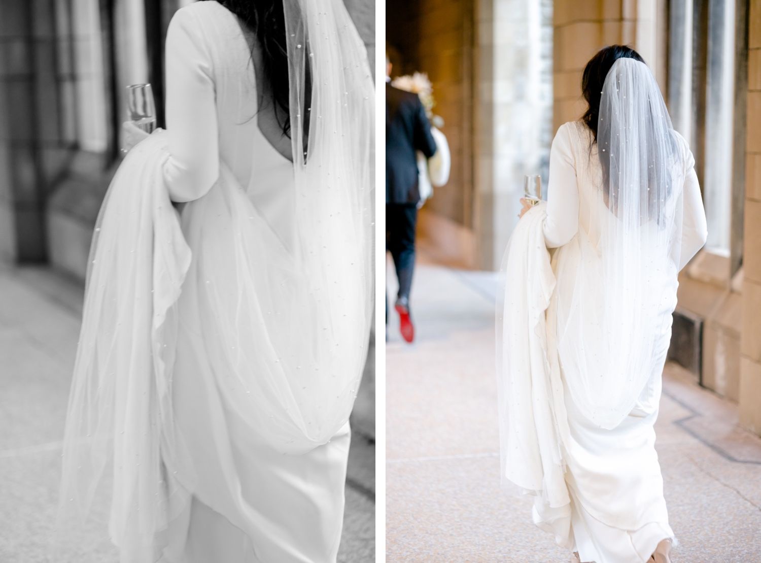 Wedding photography capturing graceful movement of a flowing white dress and veil in a corridor.