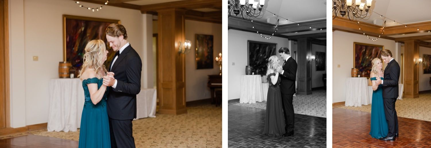A couple shares a dance at their wedding reception in an elegantly decorated venue.