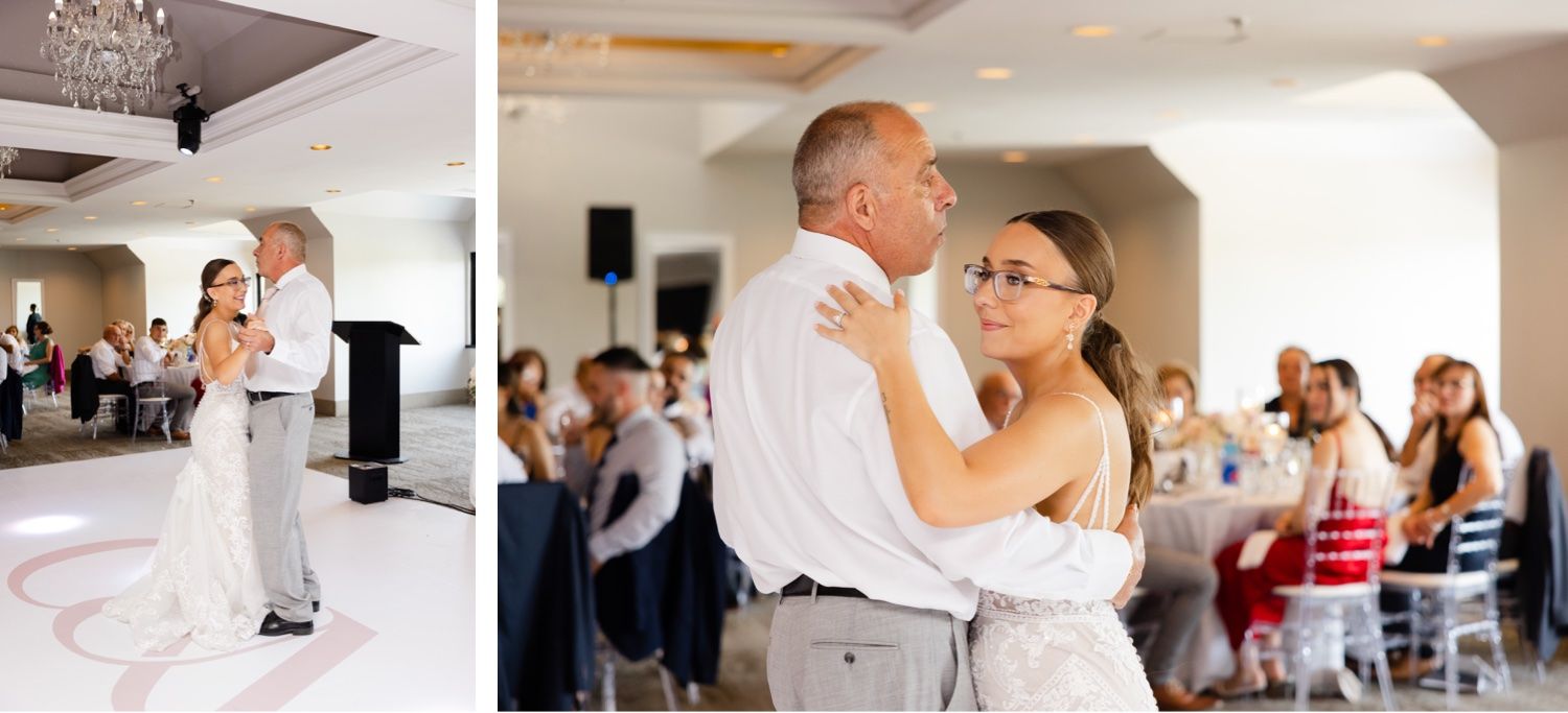 Wedding reception dance floor moment in a bright white ballroom with guests watching.